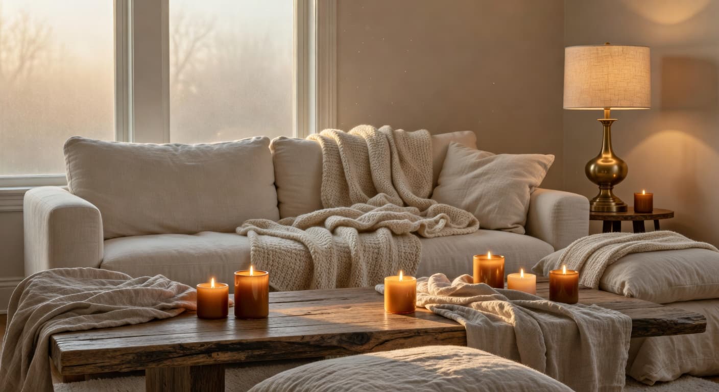 Cozy winter living room with chunky knit blanket draped over linen sofa, warm candlelight, and natural wood coffee table