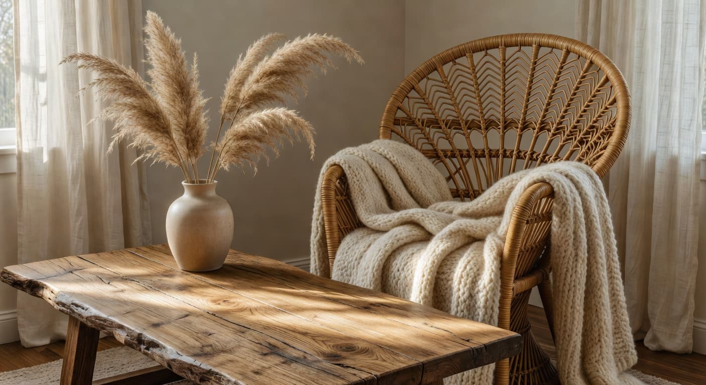 A cozy fall living room featuring a reclaimed oak coffee table with live edges and a vintage peacock rattan chair