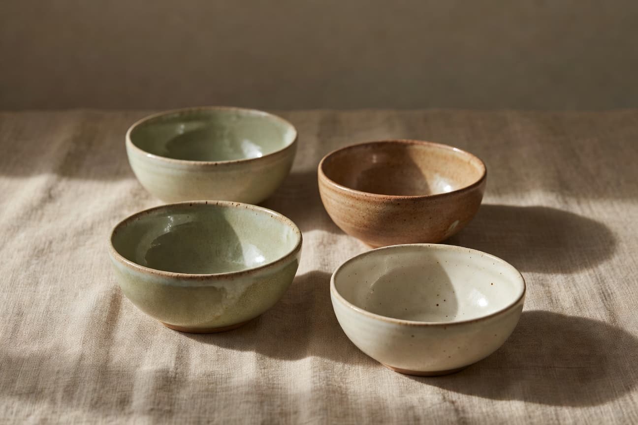 Collection of handmade stoneware bowls showcasing unique reactive glaze variations in earth tones