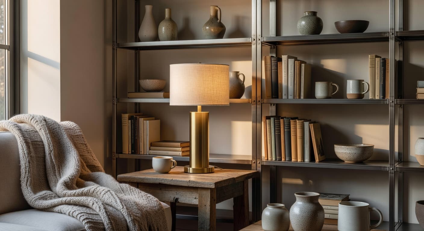 Elegant living room featuring brass table lamp next to industrial steel bookshelf with mixed metal decor