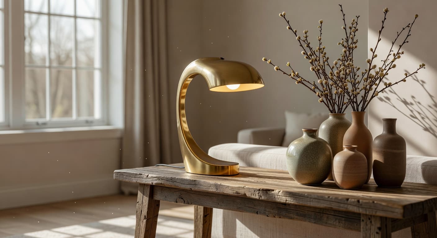 A bright, airy living room corner featuring a sculptural brass table lamp casting warm light over handmade ceramic vases filled with spring branches