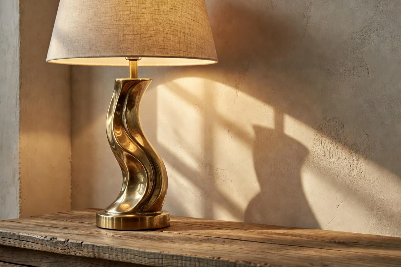 Sculptural brass table lamp casting warm ambient light and creating dramatic shadows on textured surface